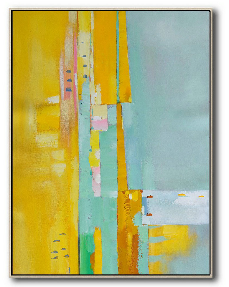 Vertical Palette Knife Contemporary Art,Acrylic Painting On Canvas,Yellow,Blue,Pink
